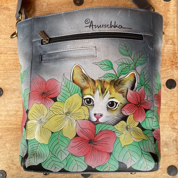 Anuschka Kitten Bag Gray Leather Hand Painted Cats and Flowers - Picture 9 of 14